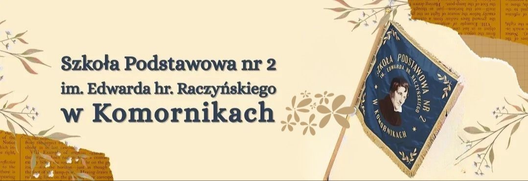 Baner wizerunkowy, w tle widok na boisko i budynek szkoły z zewnątrz